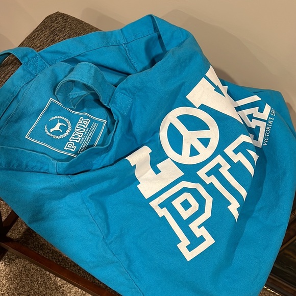 PINK Victoria Secret LOVE PINK Canvas Tote Beach Style Blue Shoulder Bag - Picture 8 of 13